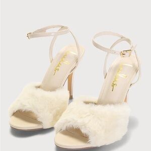 Lulu's Cream Plush Heels with Ankle Strap